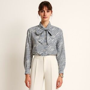 Vintage 60s Lanvin Top Womens Blue White Paisley Floral Satin Tie Neck Blouse